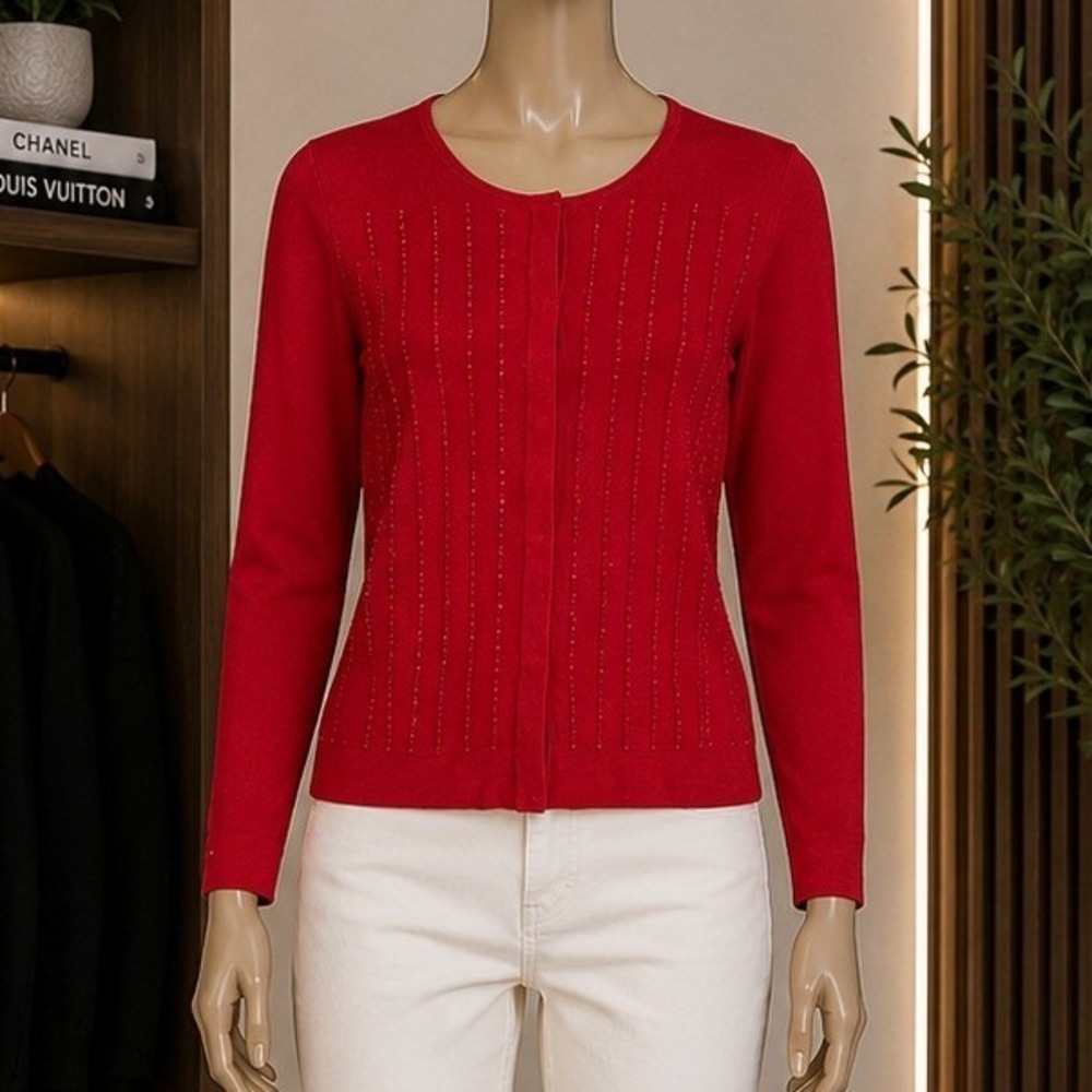 Via Seta Womens Cardigan Red Silk Cotton Beaded Front Hook Closure Medium